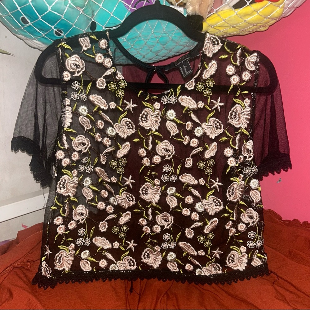 Forever 21 Black Sheer Embroidered Top - XL